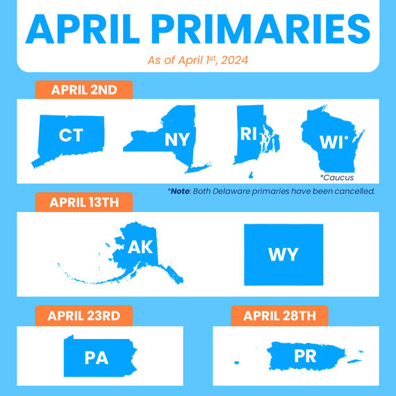 A graphic depicting the upcoming primaries for April 2024.
